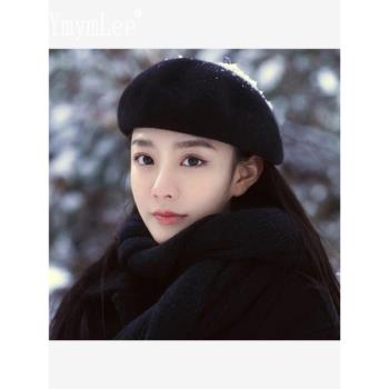 YmymLee日本設計師聯名款小頭圍羊毛貝雷帽女秋冬黑色百搭毛呢蓓
