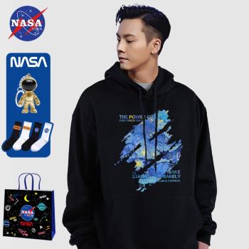 NASA聯名秋冬薄款梵高連帽衛衣加絨加厚男女情侶寬松長袖打底上衣