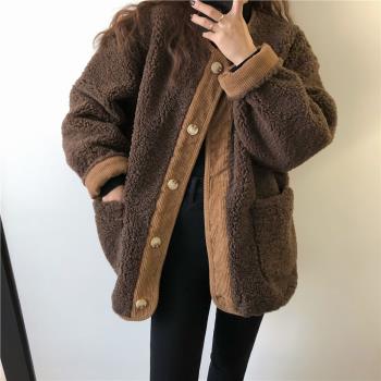 歪歪chic 秋冬韓版圓領長袖寬松拼接燈芯絨羊羔毛皮毛一體外套女