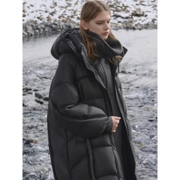 【巴黎系列】ELLE90鵝絨黑色連帽鵝絨服女2024冬季新款加厚羽絨服