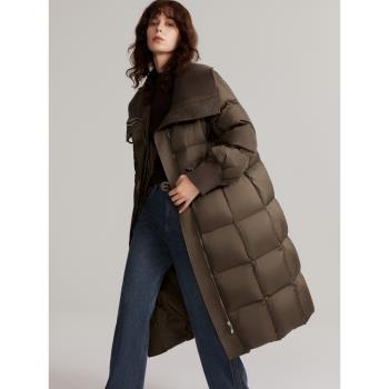 ELLE90鵝絨深棕色中長款鵝絨服女2024冬季新款小個子中長款羽絨服