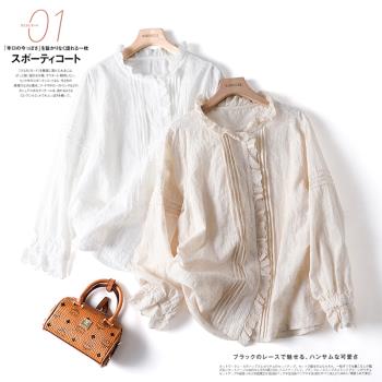 春季新款日系森女純棉刺繡花邊領襯衫文藝清新重工刺繡女休閑上衣