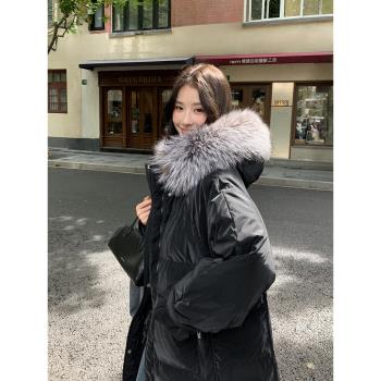 90白鵝絨羽絨服女銀狐毛領小眾洋氣寬松加厚中長款爆款冬新款過膝