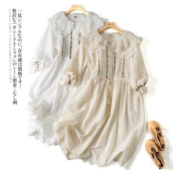 凜美春季新款森系純棉精緻重工刺繡蕾絲翻領溫柔連衣裙收腰女長裙