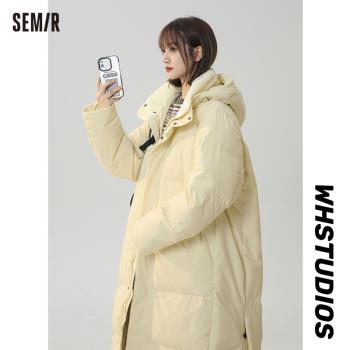 森馬90白鴨絨冬季新款長款連帽羽絨服女中戲過膝寬松加厚保暖外套