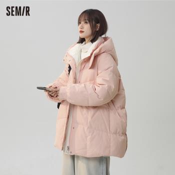 森馬2024冬季新款連帽90白鴨羽絨服女加厚保暖中長款簡約寬松外套