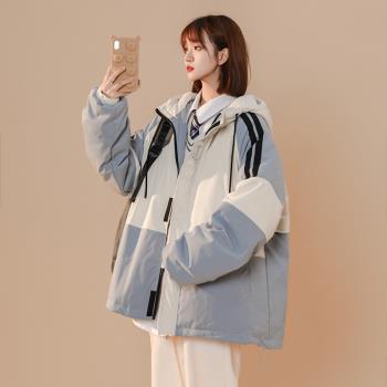 minette冬季條紋拼色連帽羽絨服女2025新款寬松90白鴨絨加厚外套