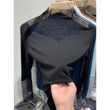 黑色蕾絲鏤空長袖體恤女春季大碼胖MM性感內搭打底衫獨特別致上衣