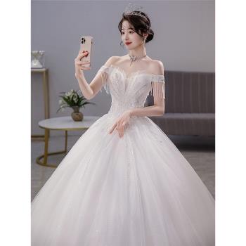法式主婚紗2024新款新娘冬季氣質一字肩公主風高級感奢華出門輕紗