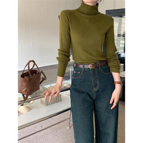 VIVIS多色秋冬B入！半高領拼接螺紋套頭坑條修身顯瘦打底衫上衣女