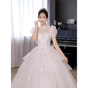 新娘主紗2024新款法式輕婚紗女宮廷高階質感一字肩簡約公主裙2025