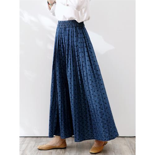 原創設計師款藍色牛仔半身裙女復古波點高腰百褶裙胖mm大碼半身裙