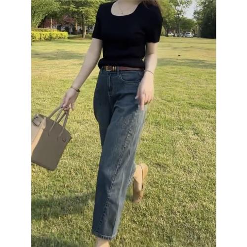 歐貨梨形身材穿搭牛仔彎刀香蕉褲子女外貿夏季新款寬松闊腿老爹褲