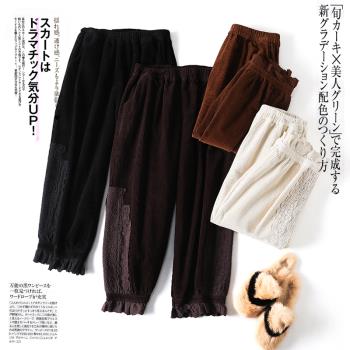 日系森女燈芯絨純棉刺繡長褲冬季新款文藝復古松緊腰百搭女休閑褲