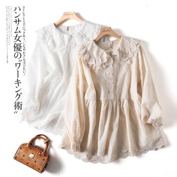 春季新款純棉刺繡森女風大翻領半開襟套頭大下擺娃娃衫甜美女襯衫