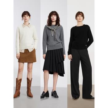 【100%綿羊毛】ELLE圓領寬松毛衣女2025春季新款休閑簡約毛針織衫