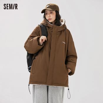 森馬羊羔絨雙面穿設計感加厚棉服女冬季復古寬松百搭情侶棉襖外套