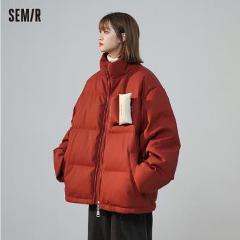 森馬無性別冬季羽絨服PU軟皮90白鴨絨防風寬松立領外套設計款學生