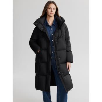 ELLE90白鴨絨灰色連帽羽絨服女2024冬季新款簡約長款加厚保暖外套