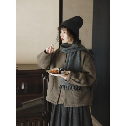 日系女裝森系甜美毛呢外套女文藝復古紋理感冬季寬松加厚純色上衣