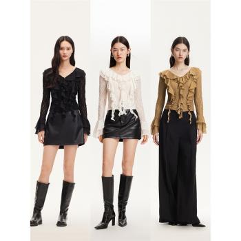 Vero Moda蕾絲衫24秋新款V領荷葉邊單排扣短款上衣性感324302047