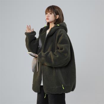 森馬連帽棉衣女2024冬季新款羊羔毛休閑保暖外套寬松加絨加厚棉服