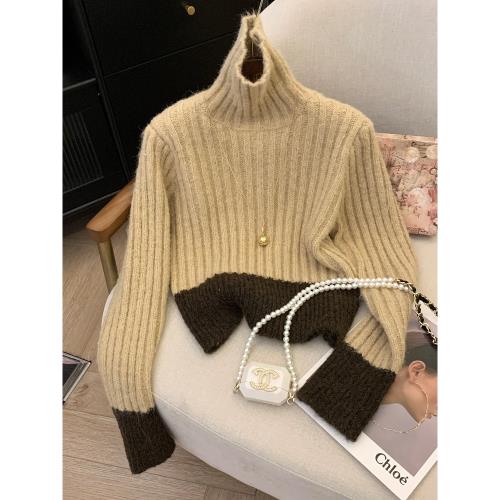 韓系撞色拼接高領針織衫女春季設計感寬松咖色毛衣慵懶加厚羊毛衫