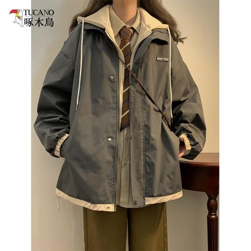 啄木鳥假兩件美式復古沖鋒衣外套女春秋新款寬松棒球服連帽夾克潮