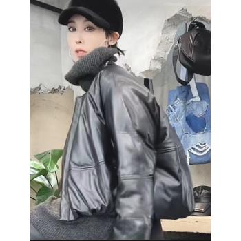 2024海寧綿羊真皮衣拼加鴨羽絨服女短新爆款高階感小個子冬季外套