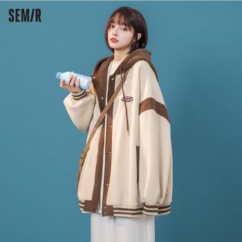 森馬外套女秋冬加絨加厚設計感拼色棒球服夾克連帽休閑開衫衛衣女