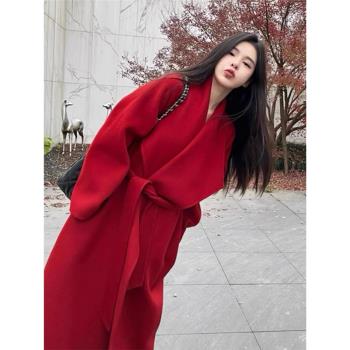 高階感紅色羊絨羊毛大衣女2024秋冬新款氣質雙面呢子收腰毛呢外套