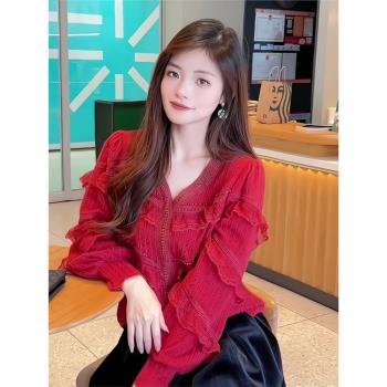 歐貨重磅秋冬新款女裝2025高階感紅色蕾絲花邊長袖針織衫毛衣上衣
