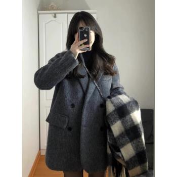 灰色西裝大衣女高級感2024秋冬季新款加厚呢子小個子短款毛呢外套