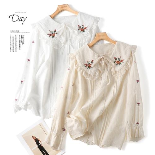 凜美RINMERE春季新款日系森女刺繡大翻領襯衫甜美軟妹寬松女上衣