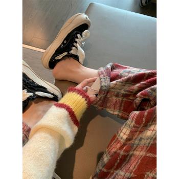 紅色格子毛呢長褲女2025新款秋冬加絨加厚寬松休閑慵懶復古闊腿褲