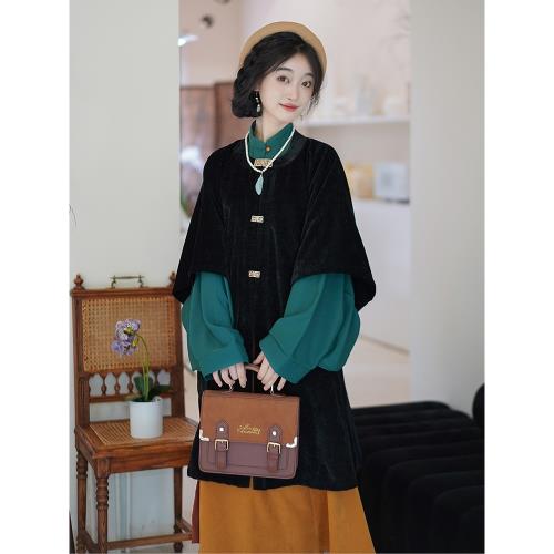 晴山木語原創漢服【格林綠】琵琶袖八破裙黑色圓領長衫024年新