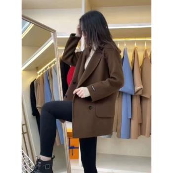 西裝領雙面羊絨大衣女短款2024年新款秋冬韓版咖啡色寬松毛呢外套