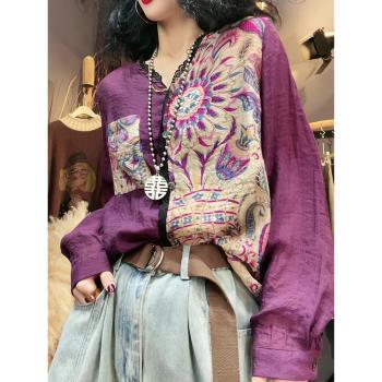 歐貨重磅2025年春季新款女裝秋冬高階感漂亮紫色印花襯衫穿搭上衣
