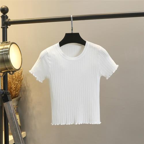 冰絲針織衫女短袖夏季薄款顯瘦高腰套頭短款小個子木耳邊t恤上衣