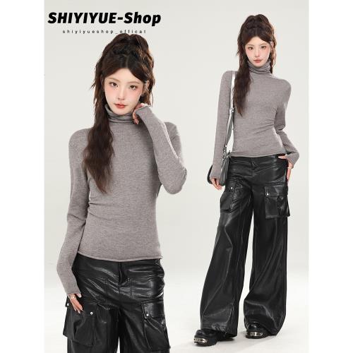 SHIYIYUE自制高領緊身打底衫女秋冬內搭正肩顯瘦簡約長袖T恤上衣