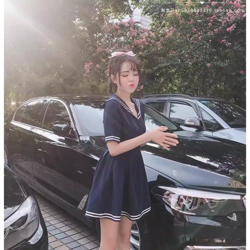 夏季小個子150學院風海軍領水手服百褶短裙短袖高腰蓬蓬A字連衣裙