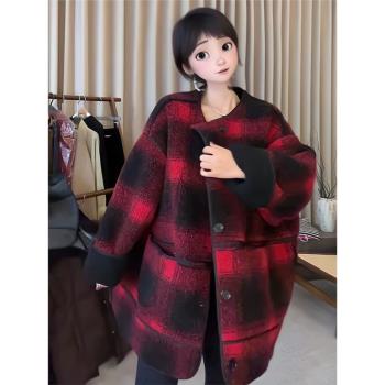 歐貨重磅秋冬季新款小香風女裝2025紅色格子開衫中長款外套高階感