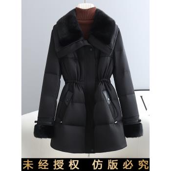 2024新款大翻領高級感白鵝絨羽絨服女收腰顯瘦水貂毛領皮草外套厚