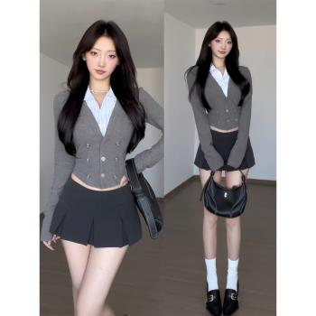 下週六 女秋季美式學院風辣妹假兩件POLO領襯衫長袖針織開衫上衣