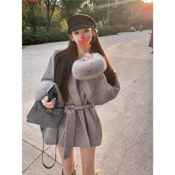 狐貍毛斗篷雙面羊絨羊毛大衣女2024秋冬季新款韓系小個子毛呢外套