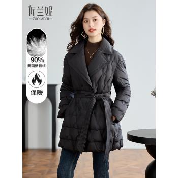 佐蘭妮黑色西裝領羽絨服女冬小個子收腰修身氣質白鴨絨外套中長款
