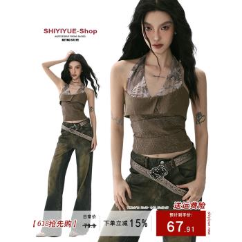 SHIYIYUE美式辣妹掛脖吊帶背心女2025夏季泰式無袖抹胸吊帶短上衣