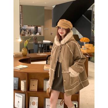 LINGLAI玲萊麂皮絨皮毛一體連帽外套女羊羔毛寬松韓版厚保暖上衣