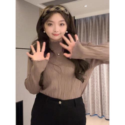 大碼花邊半高領針織衫毛衣秋季微胖mm遮肉內搭保暖別致打底衫上衣