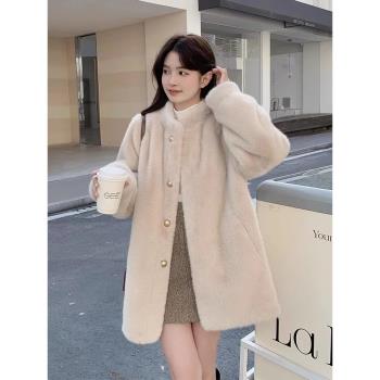 2024新款百搭小白熊皮毛一體水貂毛絨外套女立領寬松毛毛皮草大衣